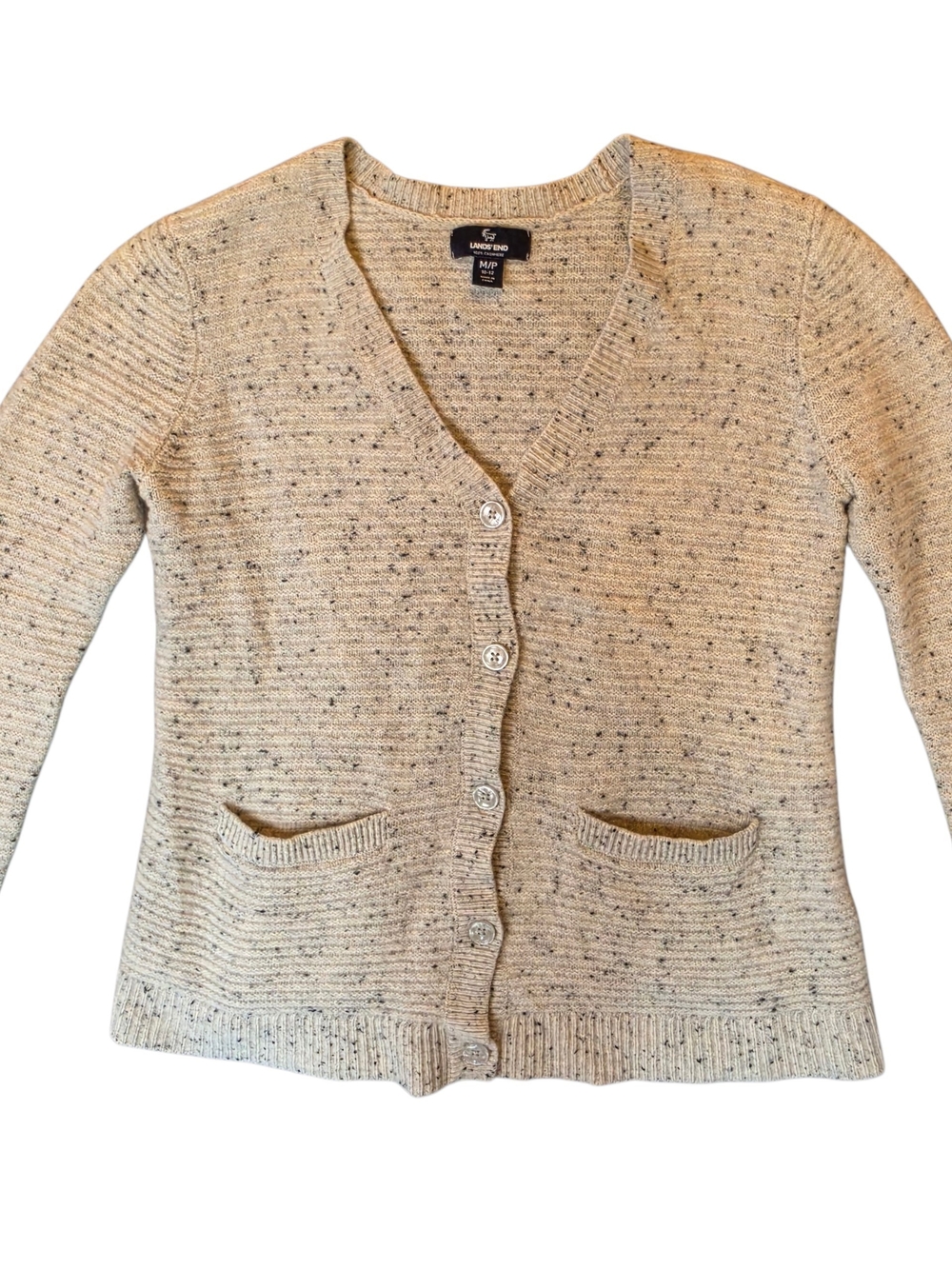 Lands' End Women's Cashmere Cardigan Sweater Medium Cream Gray Preppy Gorpcore